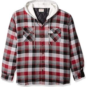 Wrangler NWT plaid work jacket hood size large red black checkered pogey coat